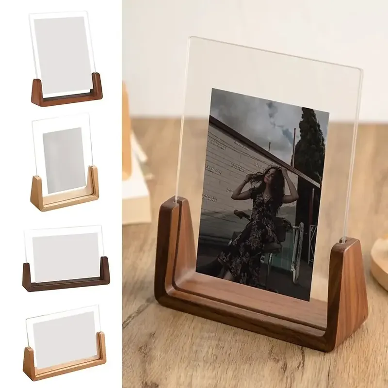 Walnuss/Buche Kreativer Fotorahmen Acryl U-Form Transparenter Rahmen Desktop Holz Hochzeitsbilder Rahmen Bürodekoration