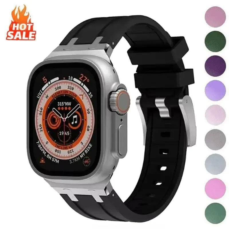 Titanfarbenes Silikonarmband mit Metallkopf für Apple Watch Ultra 2 49 mm 45/44/42 mm Kautschukarmband für Iwatch Serie 9 8 7 6 5 4 Se 3