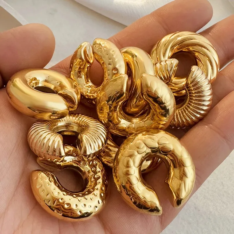 Punk Vintage klobige geometrische runde Ohrmanschette aus Edelstahl mit Metallstruktur, dicke C-Form, nicht durchdringender Ohrclip