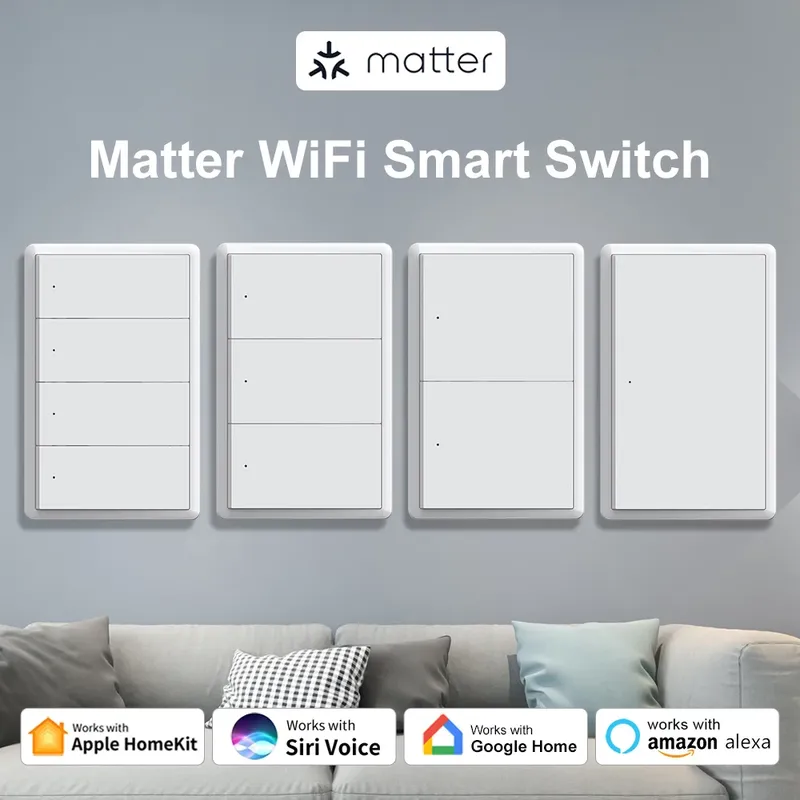 Manhot Matter WiFi-Smart-Wandlichtschalter, 1, 2, 3, 4 Gangs mit neutralem Draht, physischen Drucklichtschaltern, funktionieren mit der Homekit-App