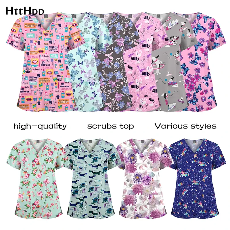 Großhandel Polyester Spandex Uniformen Schöne Krankenhaus Scrubs Tops Frauen Krankenschwester Gedruckt Scrub Top Gesundheitswesen Krankenpflege Scrub Shirt