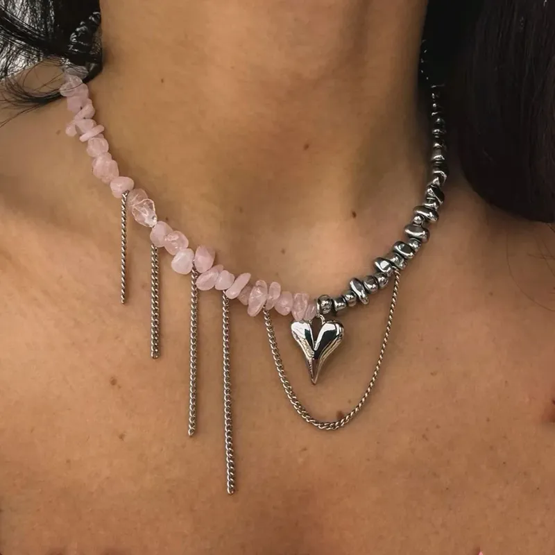 Elegante Unregelmäßige CCB & Rosa Stein Perlen Kette Herz Anhänger Halskette Für Frauen Halsband Dinner-Party Valentinstag Schmuck N0498