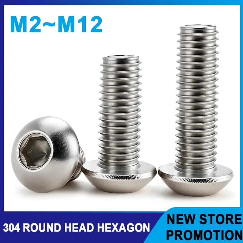 Sechskantschraube aus Edelstahl 304, ISO7380, Innensechskantschrauben, Metall-Maschinengewinde, M2, M2,5, M3, M4, M5, M6, M8, M10, M12