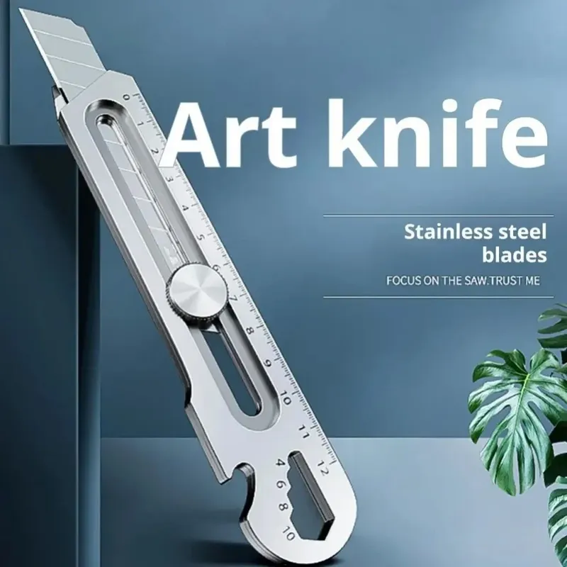 6-in-1 multifunktionales Allzweckmesser aus Edelstahl für Büromaterial, einziehbares 18-mm-Klinge, Kunstmesser, Allzweckwerkzeuge