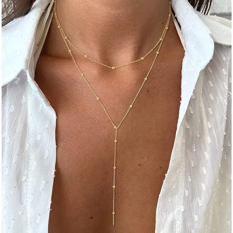 Lariat-Halskette aus Edelstahl, vergoldet, zierliche lange Halskette, mehrlagige Halsketten für Frauen und Mädchen, Tropfen-Anhänger in Y-Form