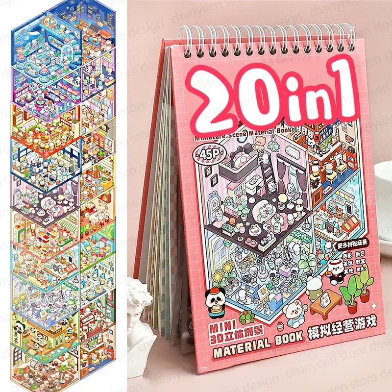 20 Stücke 20in1 Cartoon Landschaft Aufkleber Buch DIY 3D Tasche Kabine Szene Aufkleber Geschenk für Kind Kind
