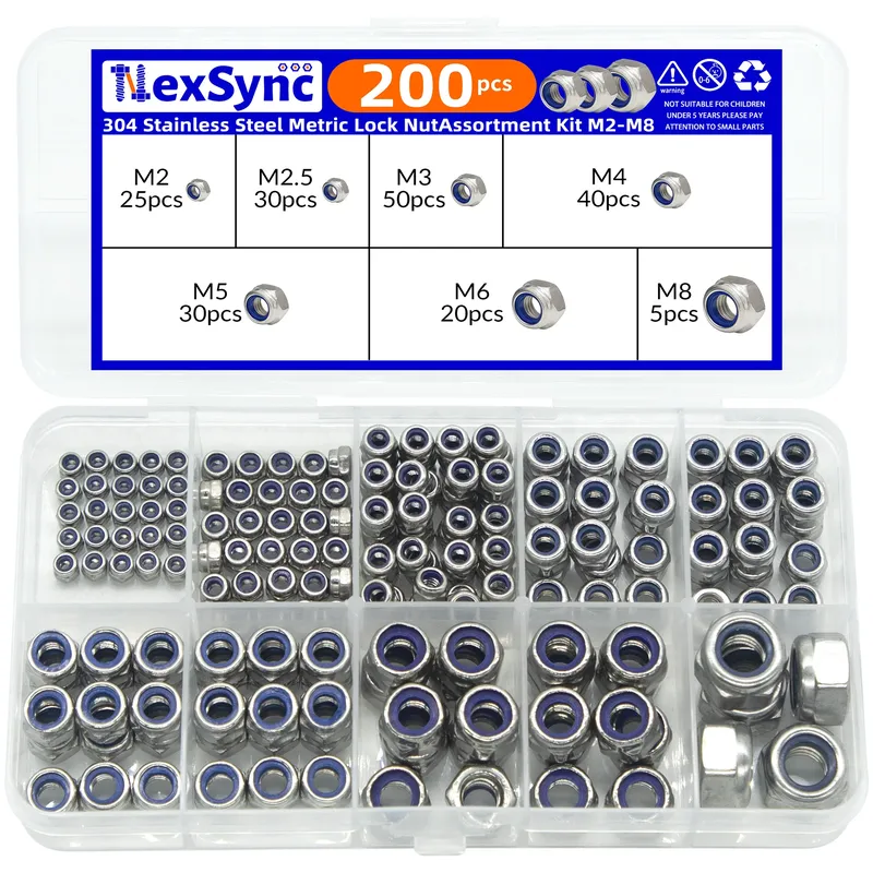 200 Stück DIN985 Sechskant-Nyloneinsatz Selbstsichernde Mutter Nylock Sicherungsmutter Sortiment Kit Set M2 M2,5 M3 M4 M5 M6 M8 304 A2-70 Edelstahl