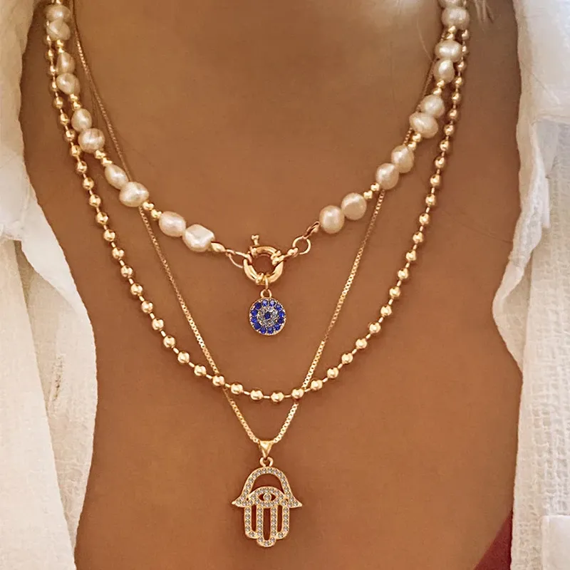 Klassische Anhänger-Halskette für Frauen, Mikro-Zirkon, türkische glückliche böse Augen, Palmenkreuz, Perle, mehrschichtige Metallkette, Halsband-Schmuck