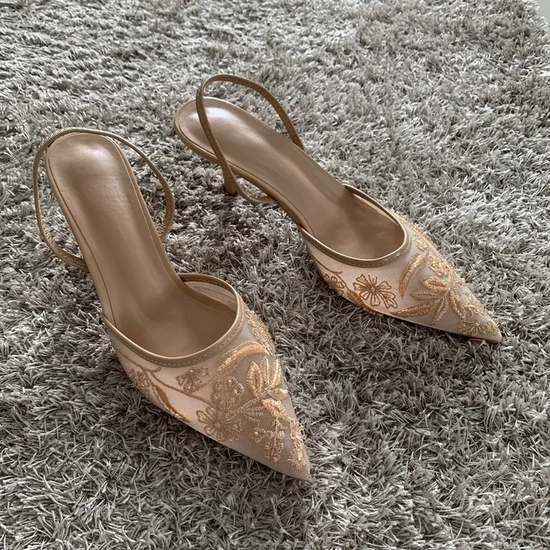 Mesh Bestickt Mode Sandalen Frauen String Bead High Heels Maultiere Schuhe Spitz Slingback Hausschuhe Frauen Zapatos De Mujer
