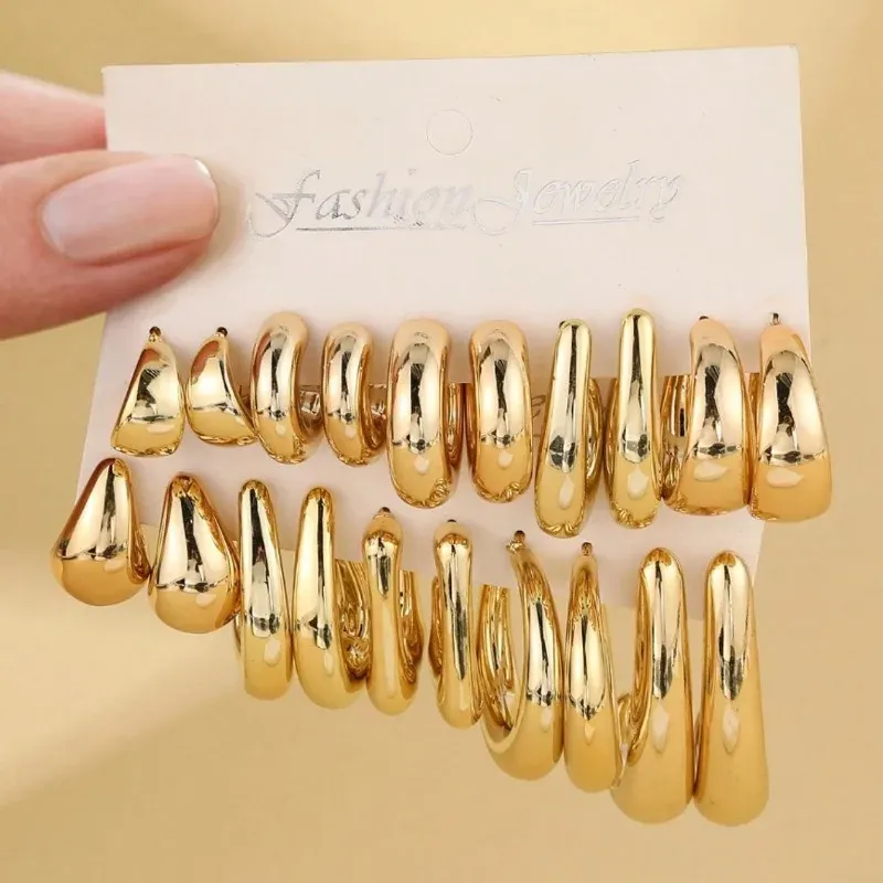 10-teiliges Set aus neuem, unregelmäßig geformtem ABS-Acryl-Gold-CCB-Ohrring-Set, C-förmig und tropfenförmig