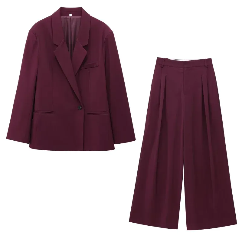 ETJ 2025 Damen Frühjahr neues Freizeitanzug-Set mit doppelter Vorderseite, lockere Freizeitanzugjacke, hohe Taille, doppelte Faltenhose