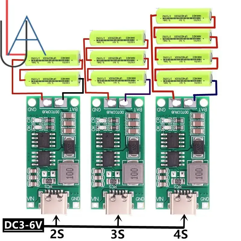 Lithiumbatterie 2S 3S 4S Mehrzellen auf 8,4 V 12,6 V 16,8 V Typ-C Boost Step-up-Polymer-Li-Ionen-Ladegerät 7,4 V 11,1 V 14,8 V 18650 Lipo