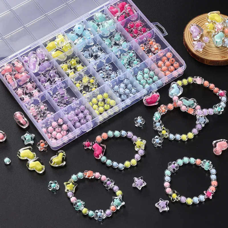 24 Gitter/Box Herz Stern Acryl Perlen Blume Runde Spacer Lose Perlen Charms Kits für Armband Schlüsselanhänger Schmuckherstellung Zubehör