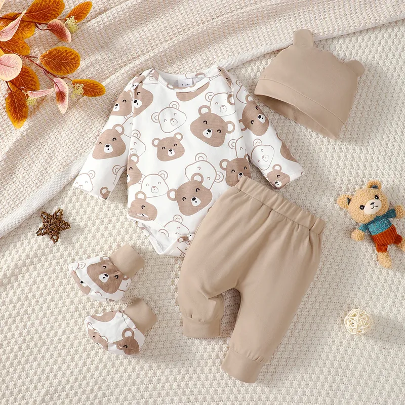 0-9 Monate Baby Boy Set Little Bear Langarm Body + Hose + Hut + Socken 4 teile/satz Baby Frühling Herbst kleidung Neugeborenen