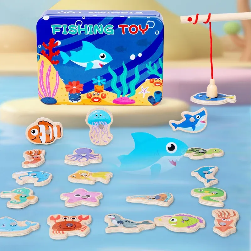 Montessori Holz Magnetische Angeln Spielzeug Marine Leben Erkenntnis Fisch Spiele Frühe Pädagogische Spielzeug für Kinder eltern-kind-Interaktive