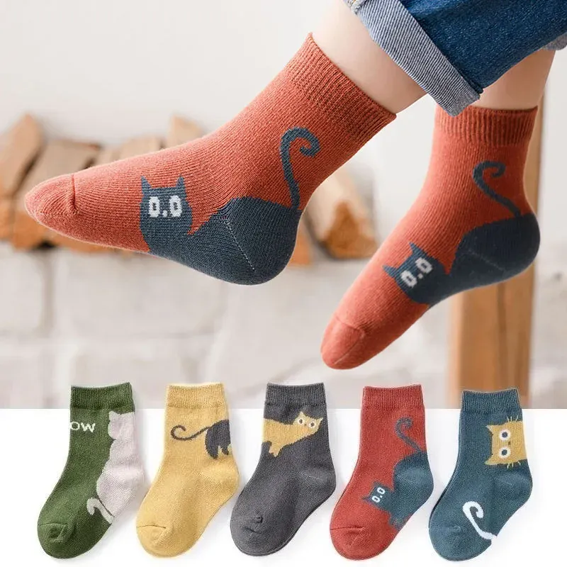 5 Paar Kindersocken mit Cartoon-Katzenmuster, bequeme, atmungsaktive Kindersocken für Jungen und Mädchen
