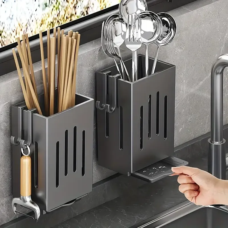 1pc/2pcs Wand-montiert Essstäbchen Halter Haushalt Küche Waschbecken Geschirr Lagerung Rack Punch-freies Ablauf mit wasser Tablett mit Haken