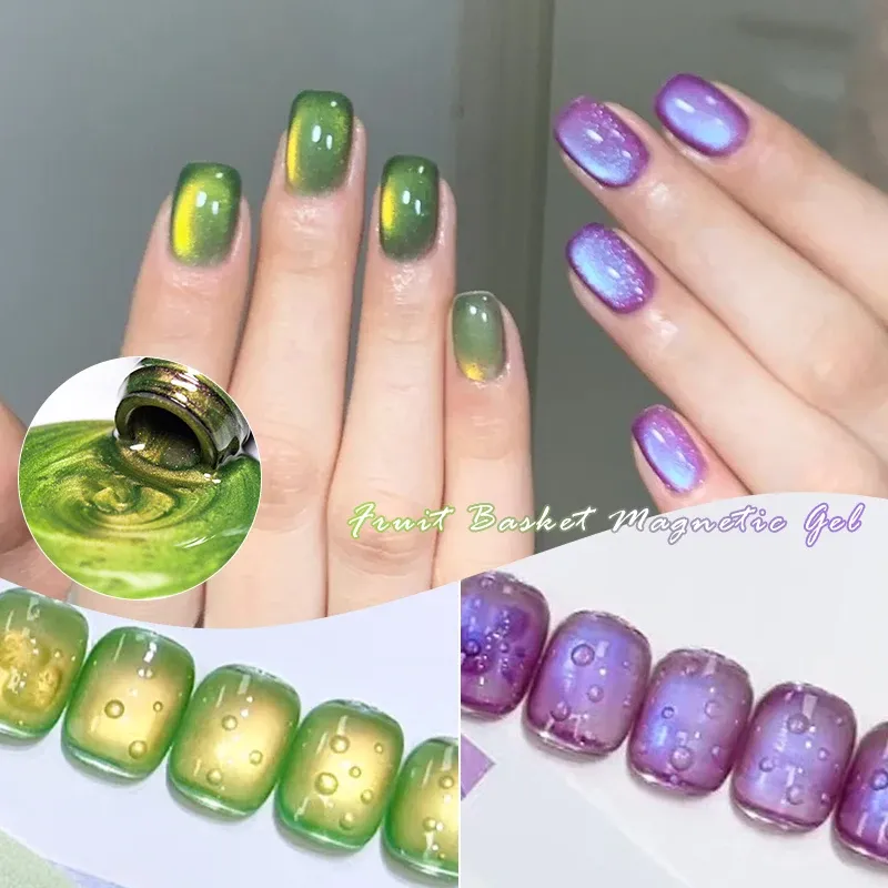 MEET ACROSS Guave & Grape Color Cat Magnetic Gel Green Glass Bead Cat Eye Gel Soak Off UV Gel Nail Art Lack Salon Home DIY