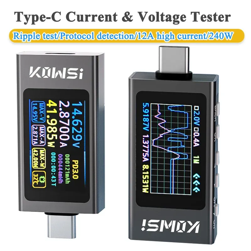 KWS-X1 4V-30V 12A Typ C Tester Voltmeter Amperemeter TYPE-C Schnelle Ladung Erkennung Trigger Kapazität Messung Welligkeit Messung