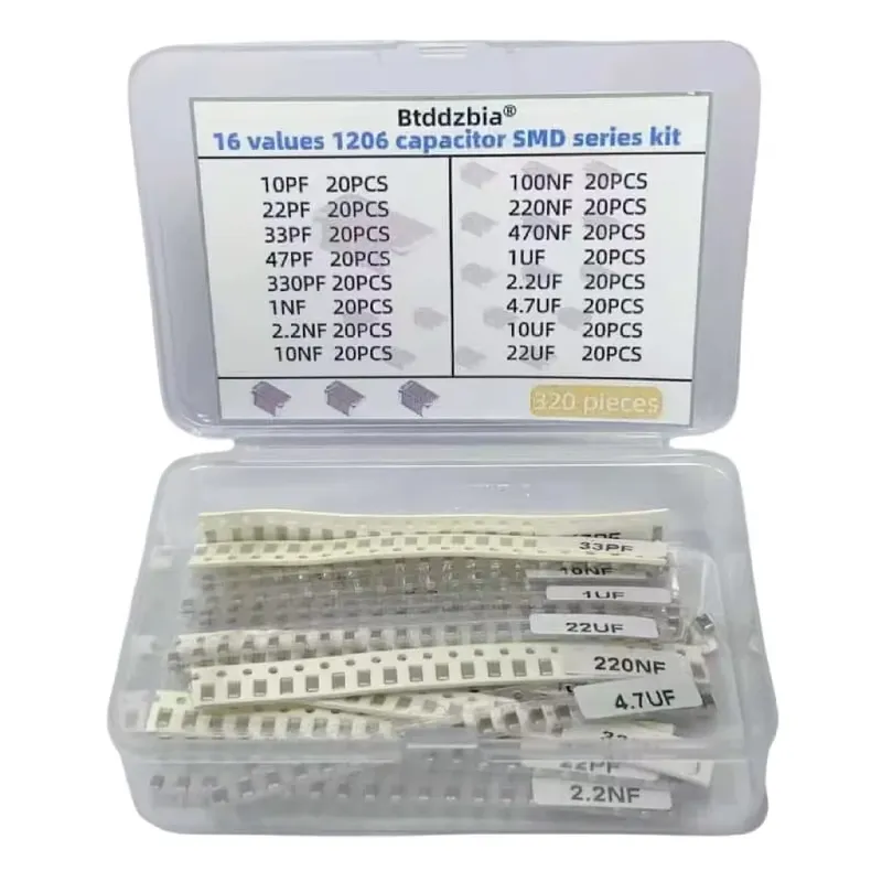 320-teiliges 1206 SMD-Kondensator-Kit, 16 Werte von 10 pF auf 22 uF – verschiedene Kondensatorbanken für industrielle SMD-Kondensatorelemente