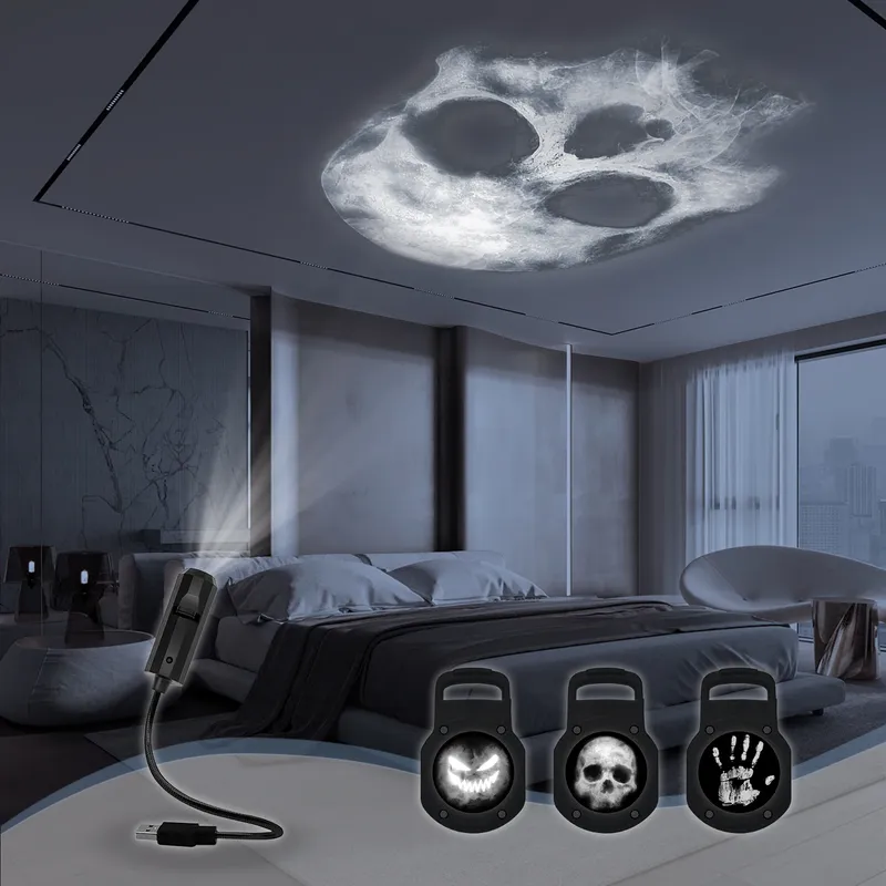 Totenkopf-Projektionslampe, 1+3 umschaltbares Musterdesign, LED-Nachtlicht, geeignet für Raumwand- und Deckendekoration, Halloween-Geschenk