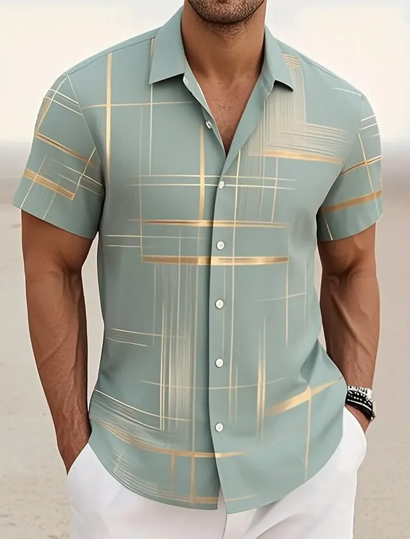 Sommer Herren Geometrisches Gitter Plaid Hemden KurzarmTurndown Hawaiihemd Button Up Hemden Keine Taschen Hemden