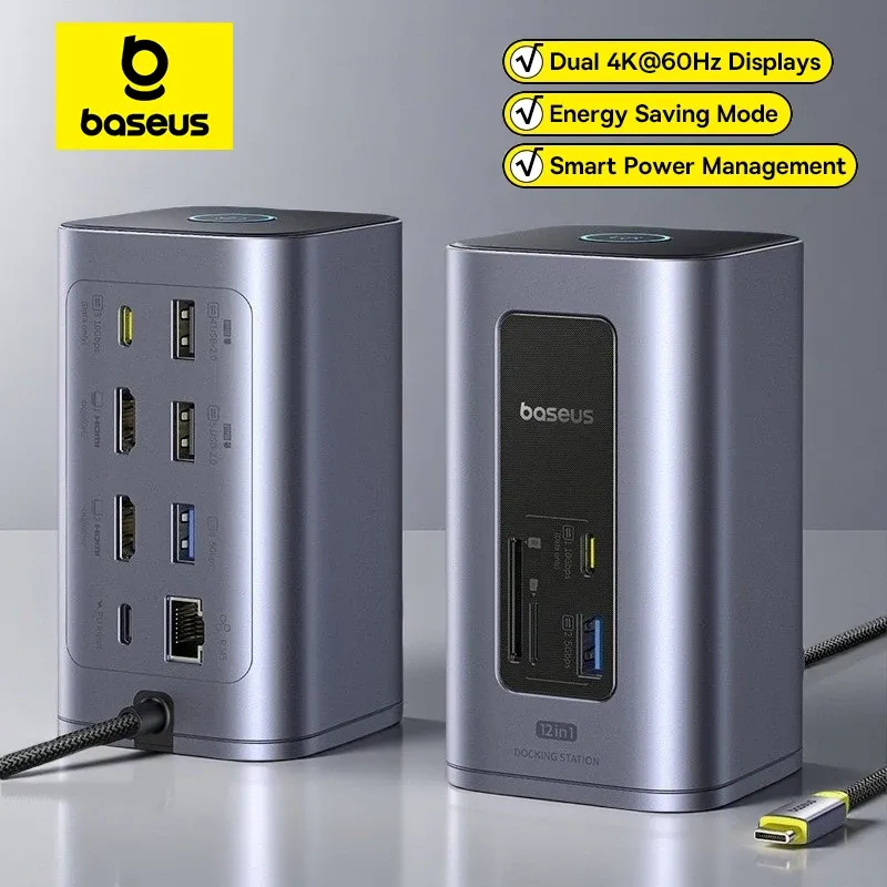 Baseus 12-in-1 USB C HUB auf HDMI 4K@60Hz Dual Display USB 3.2 Adapter mit RJ45 SD TF PD 100W Dockingstation für Windows Mac Hub