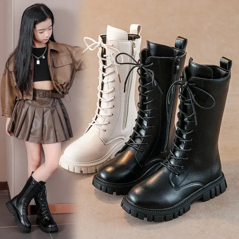 Herbst/Winter ZIP Mode Coole Baby Mädchen Warme Quadratische Ferse Runde Kappe Casual Lace-Up Bequeme Kinder Schwarz Mid stiefel