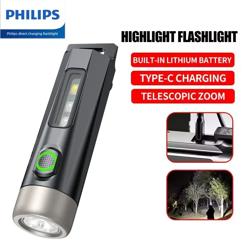 PHILIPS 2025 Superhelle EDC-Taschenlampe, LED wiederaufladbar, Mini-EDC-Schlüsselanhänger-Taschenlampen, Campinglampe für Wandern, Selbstverteidigung