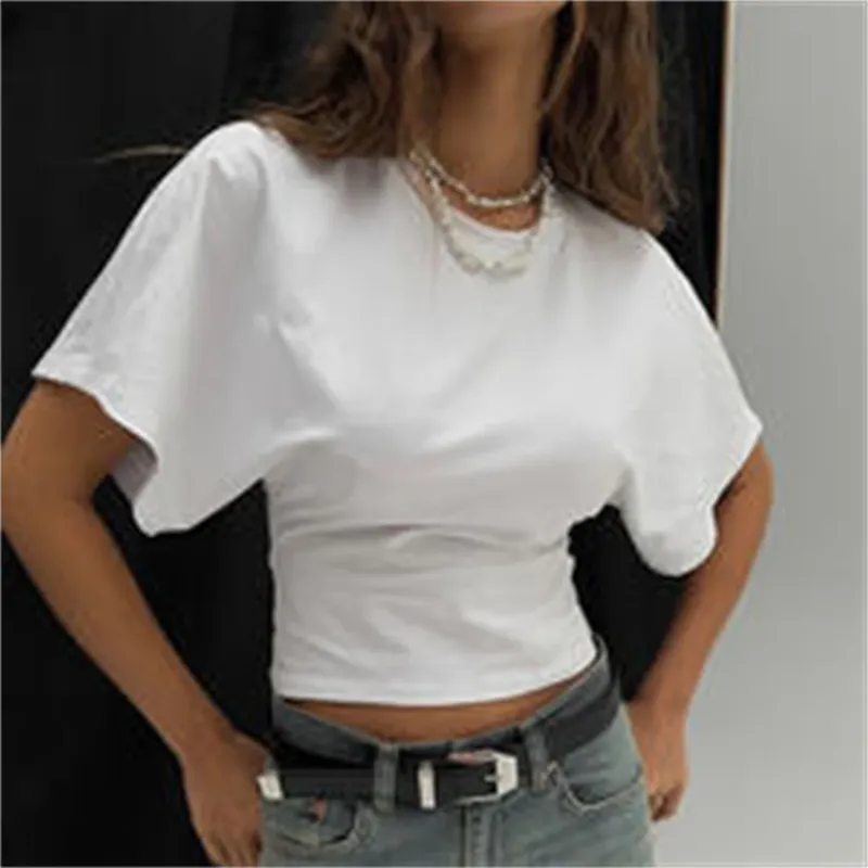 Frauen Sommer Lose Halbe Hülse T-Shirt Tops Oansatz Taille Abnehmen Süße Hottie Design Sinn Positive Schulter Chic Tees Top
