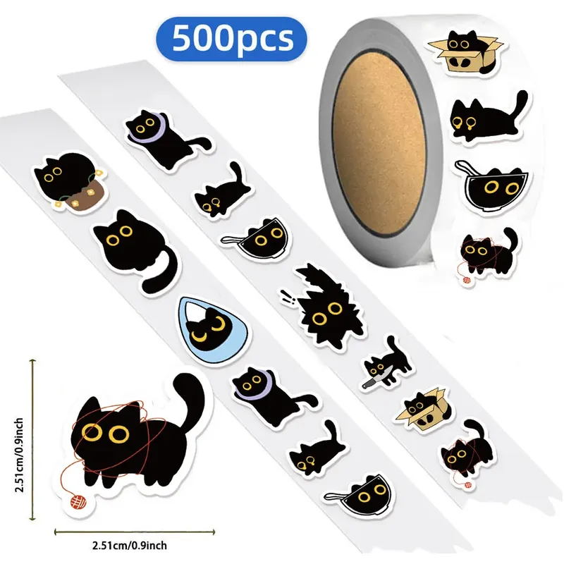 500PCS Zehn Verschiedene Muster Schwarze Katze Roll Aufkleber Kleine Muster Dekoration DIY Gepäck Skateboard Wasser Tasse Aufkleber