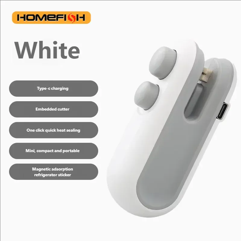 HOMEFISH Mini-Handgerät für Lebensmittel, wiederaufladbares USB-Heißsiegelgerät, Aufbewahrungstasche, Kunststoffverpackung, Lebensmittelversiegelung, Clip-Beutel