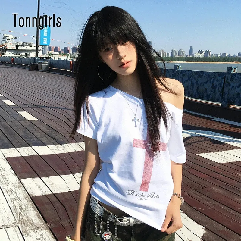 Tonngirls Gothic Print Grafik Tops Loose Off Shoulder Kurzarm T-Shirt Y2k Vintage Crop Tops American Retro 90er Grunge Tees