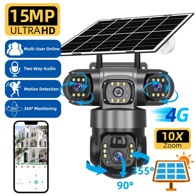 V380 Pro 15MP 6K 10X Zoom Triple Objektiv 4G Solar Outdoor Drei Bildschirm PIR Bewegungserkennung Sicherheit CCTV Kamera