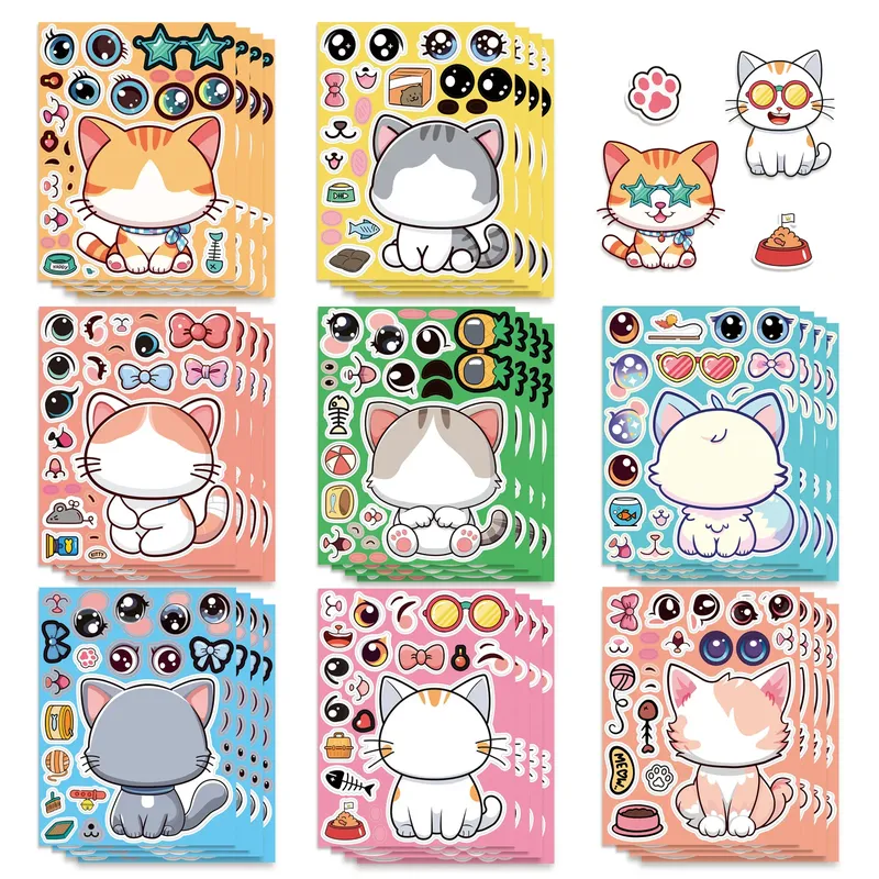 8 Blatt/Packung Katzengesicht wechselnde Aufkleber Kinder DIY Puzzle Spielzeug Aufkleber Telefon Laptop Gepäck Kühlschrank dekorative Aufkleber