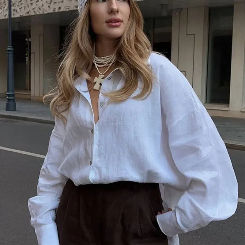 Ammug Weißes Damen-Hemd, langärmelig, elegante, solide Bluse, Damen, Vintage-Sommer, lockere Hemden für Damen, Basic-Oberteil mit Kragen