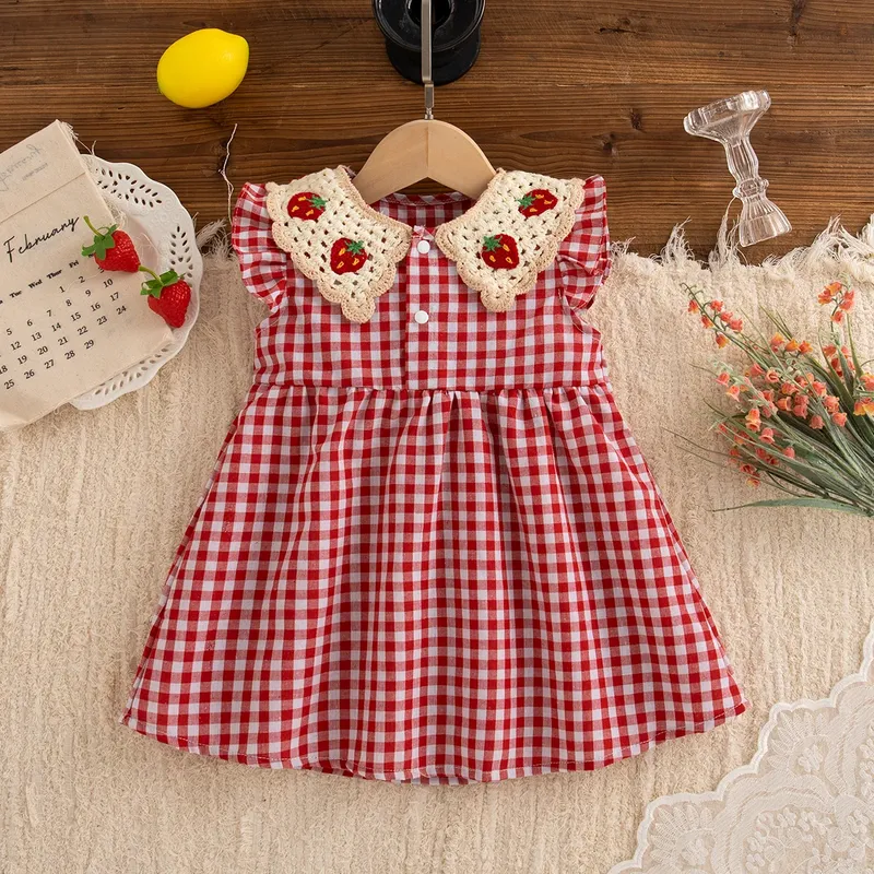 Baby Mädchen Kleid Sommer rot kariert Baumwolle Mädchen Kleid süße Erdbeere Revers Mädchen Strandkleid