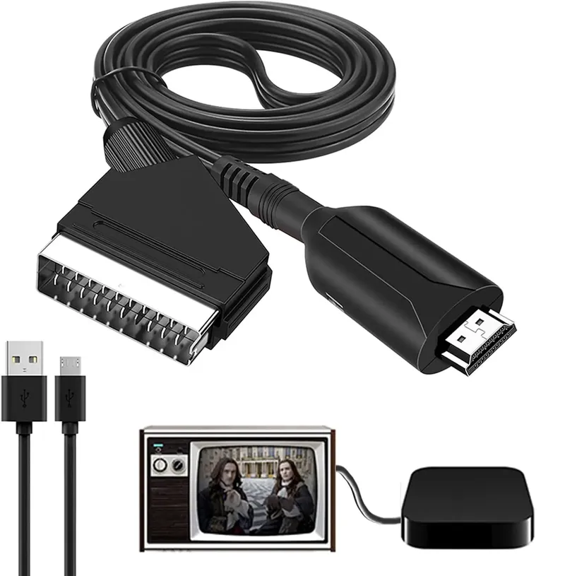 Powice Scart zu HDMI Adapter Konverter Scart HDMI 1080P mit Scart Eingangskabel HDMI Ausgangsanschluss für HDTV STB VHS Xbox PS3 DVD