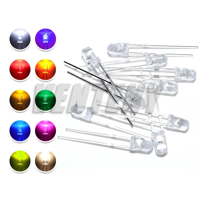 100 Stück 3 mm LED-Dioden, ultrahell, warmweiß, rot, grün, blau, lila, gelb, orange, rosa, 2 V, 3 V, mehrfarbiges Emitting-Sortiment