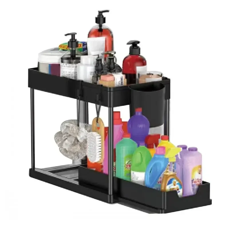 2-stufiger Organizer unter der Spüle, Schiebeschrank, Korb, Organizer, Aufbewahrungsregal mit Haken, hängende Tasse, Badezimmer, Küche, Organizer