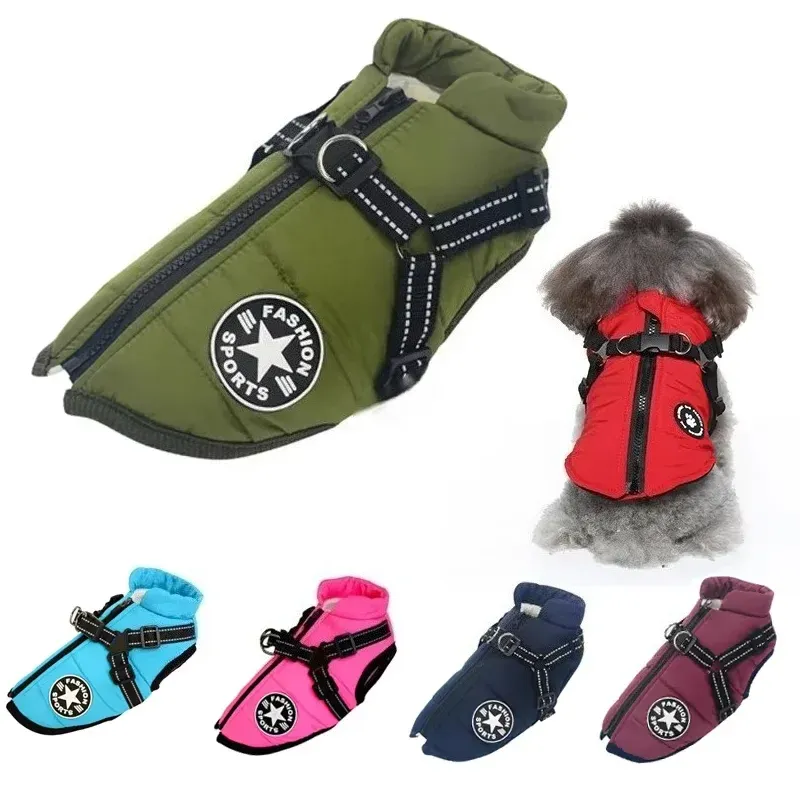 Große Haustier-Hundejacke mit Geschirr, warme Winter-Hundekleidung für Labrador, wasserdichter Mantel für große Hunde, Chihuahua-Outfits mit französischer Bulldogge