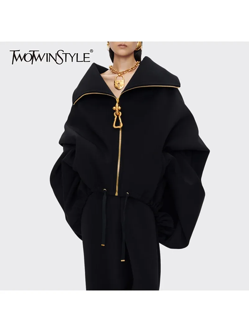 TWOTWINSTYLE Solide Lose Verstärktes Zipper Mode Jacken für Frauen Revers Langen Ärmeln Patchwork Spitze Up Casual Jacke Weibliche Neue