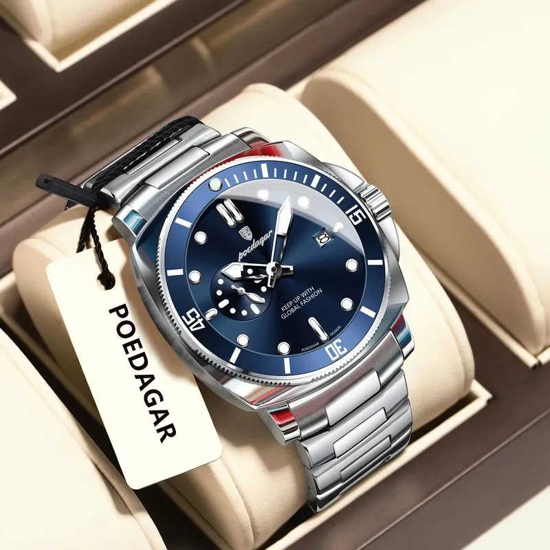 POEDAGAR Top Mode Luxus Uhr Für Männer Wasserdicht Leucht Datum herren Uhren Edelstahl Business Quarz Männliche Armbanduhr