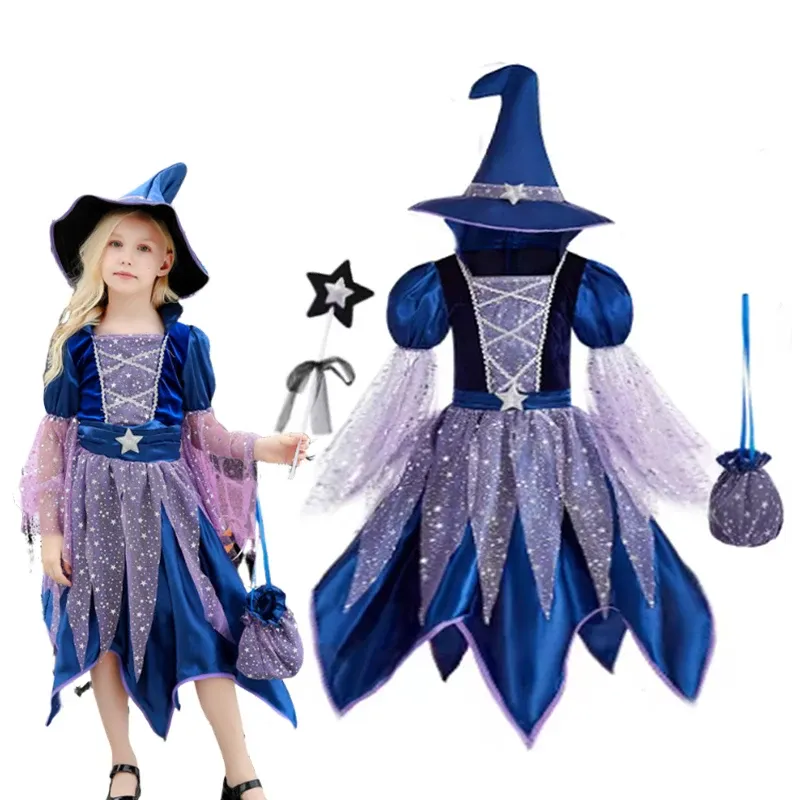 Halloween Party Kostüme Hexenkleid für Mädchen Kinder Cosplay Karneval Hexenkostüm Kürbis Dress Up mit Tasche Hut Zauberstab Kleidung
