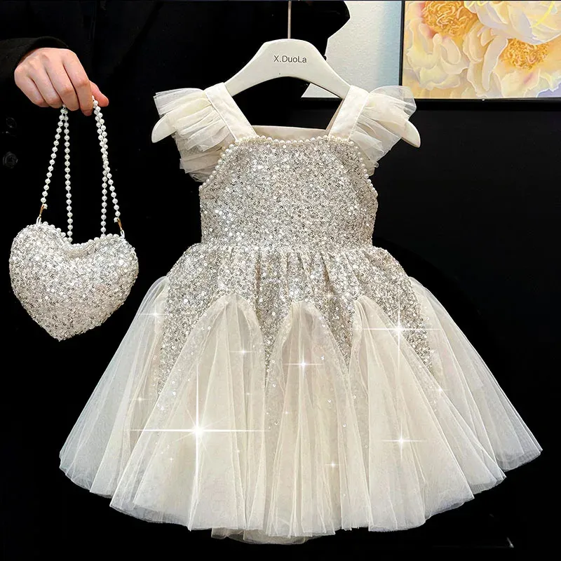 Kinder Mädchen Kleidung Pailletten Fliegende Ärmel Neue Sommer Party Kleider Für Mädchen Elegante Mesh Weste Rock Prinzessin Kleid Abend Prom