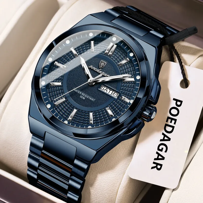 POEDAGAR Mode Klassische Männer Armbanduhren Edelstahl Wasserdicht Leucht Mann Uhr Datum Woche Quarz Business herren Uhren