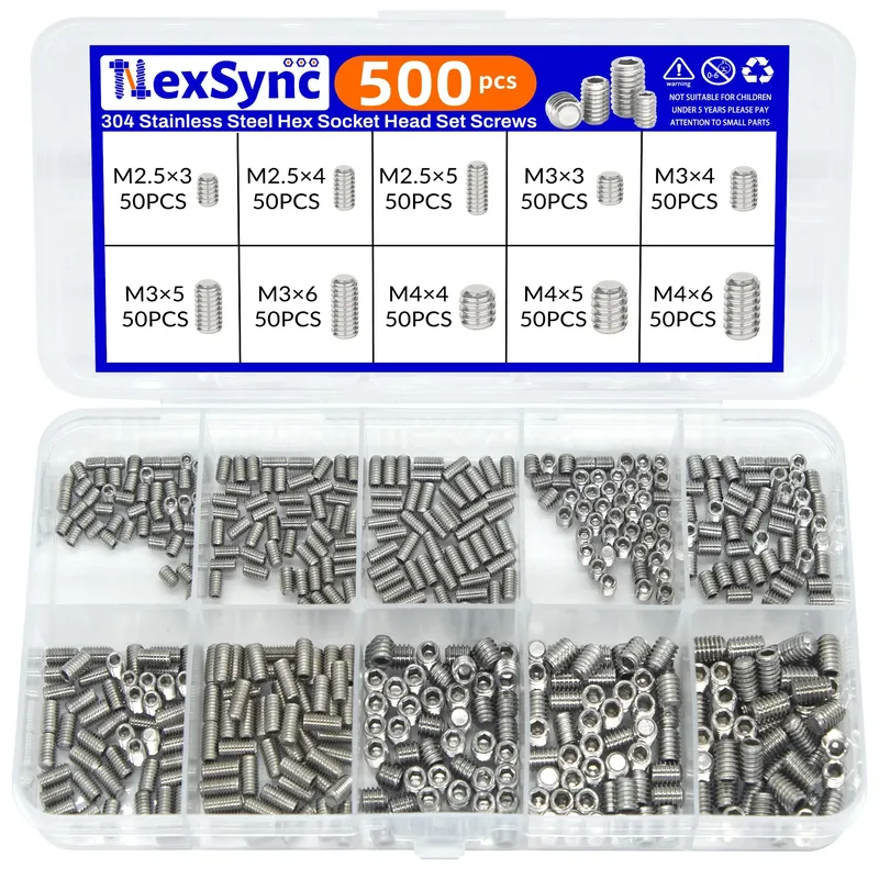 500 Stück M2,5 M3 M4 DIN913 304 Edelstahl Schwarz Sechskant Innensechskant Innensechskant Flachspitze Madenschraube Stellschraube Kit Box