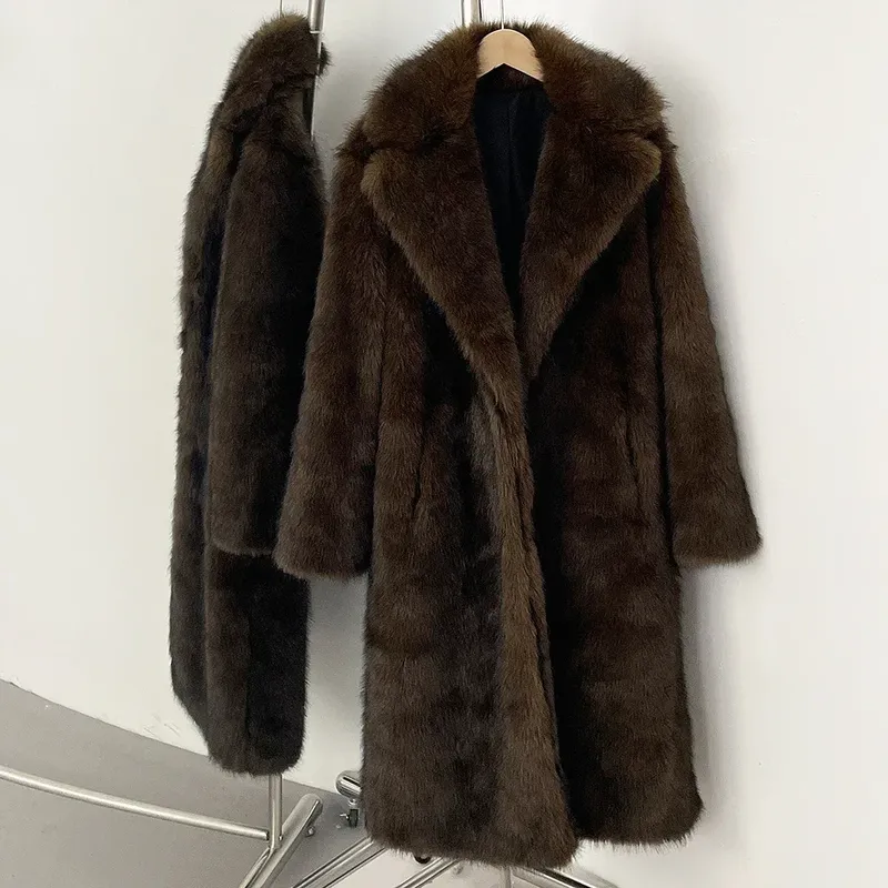OFTBUY Lange Kunstpelzjacke, modischer europäischer Stil, Revers-Pelzmantel, umweltfreundlich, bedeckter Knopf, lockere lässige Damenmäntel für den Winter