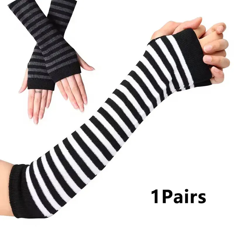 Damen Winter-Strickhandschuhe, Mädchen, Baumwolle, fingerlos, langes Armband, Armwärme, lange Ärmel, gestreift, Ellenbogenschutz