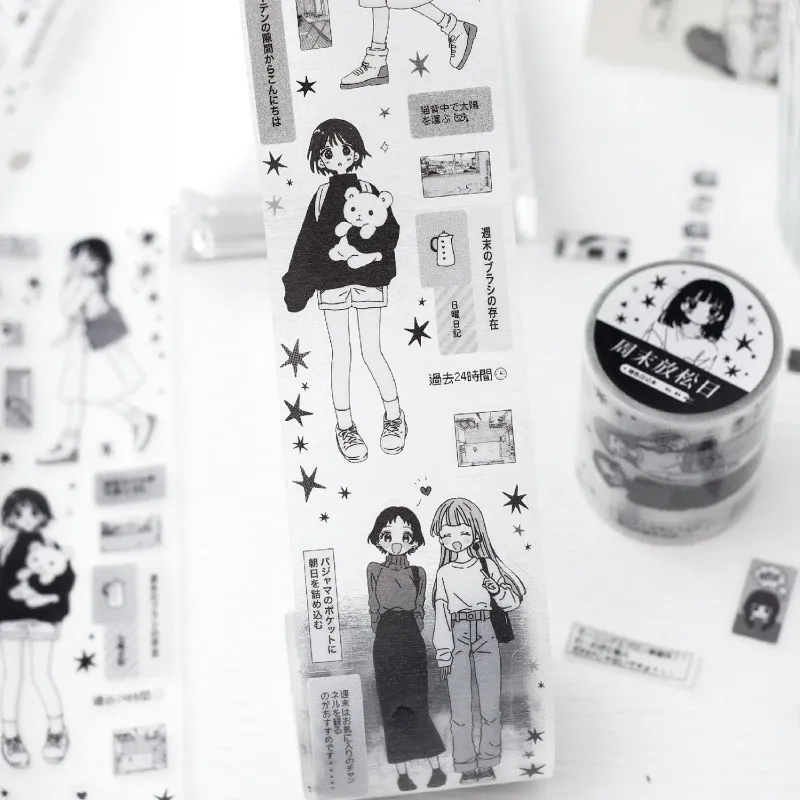 2 m/Rolle Kawaii japanisches schwarz-weißes Manga-Stil PET gestanzte Klebeband DIY Dekoration Scrapbook Tagebuch Album Briefpapier Aufkleber